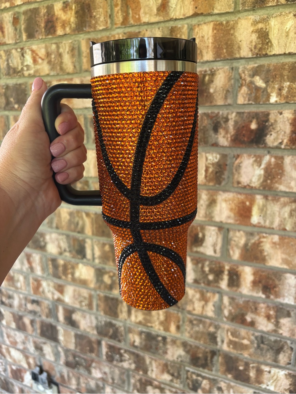 Bling Basketball Rhinestone Tumbler Travel Mug - Orange/Black